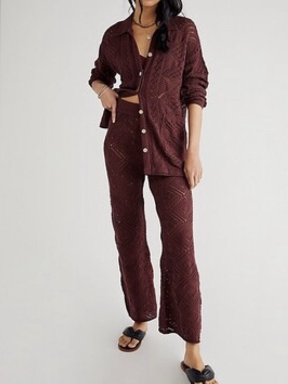 Free People FP Beach Get Away Fauxchet Crochet Cardigan Medium M Maroon Plum